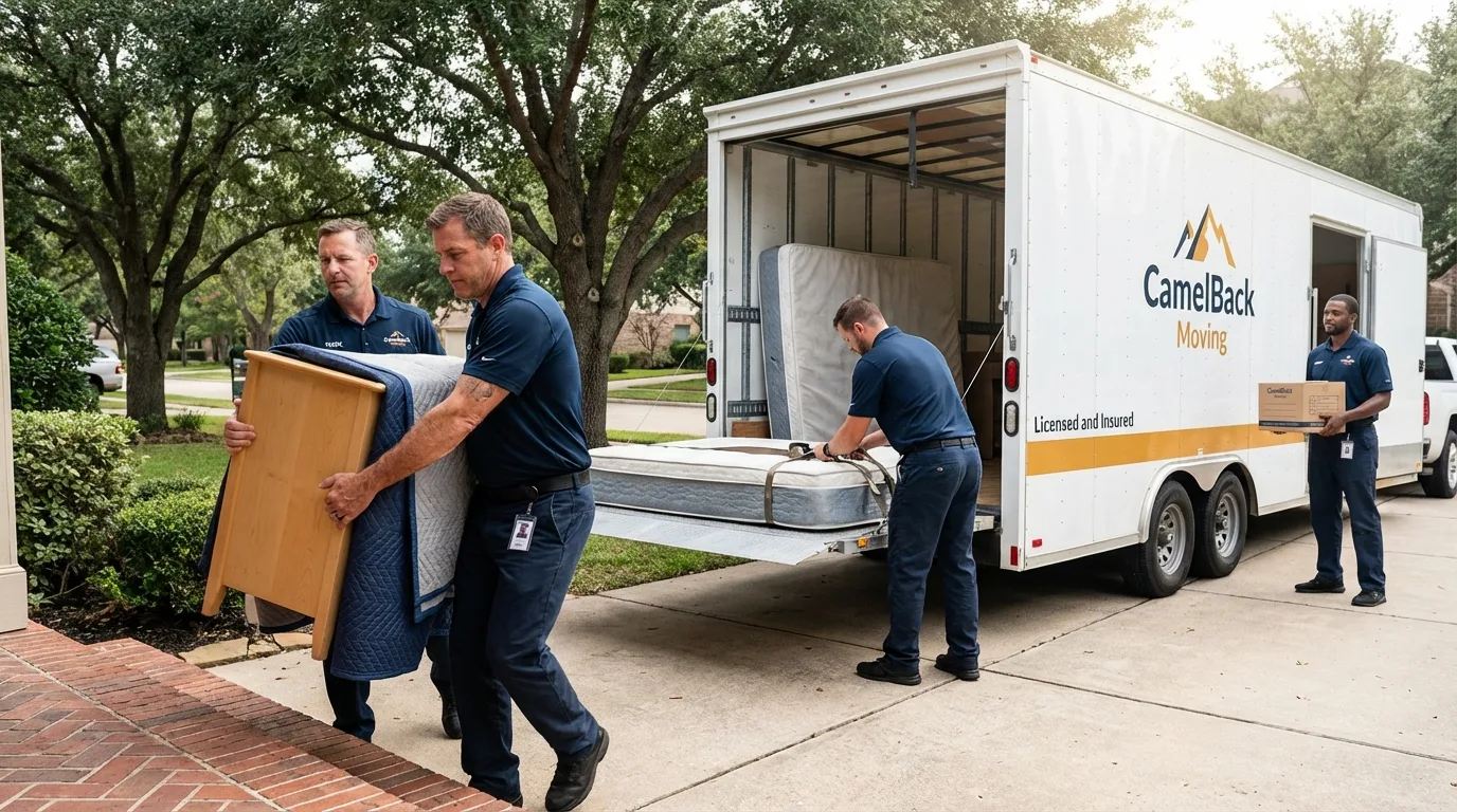 Crew loading residential truck for cross-state move from Whitman, MA