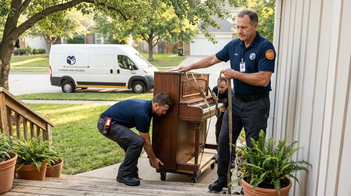 Licensed piano movers securing grand piano in Whitman, MA