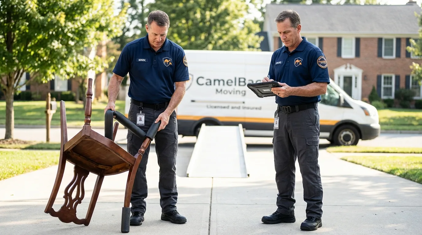 Movers inspecting furniture for damage prevention before loading in Whitman, MA