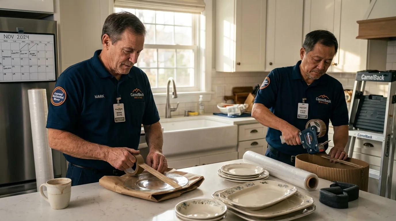 Professional crew packing kitchen dishware in Whitman, MA